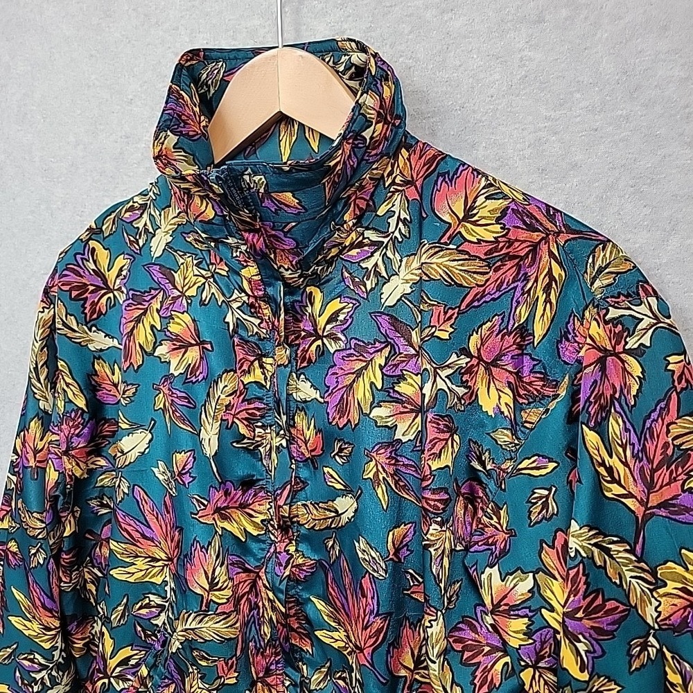 VTG 90's ACTIVE STUDIO Wmns Petite S Satin Bomber Jacket Teal Autumn Leaves EUC